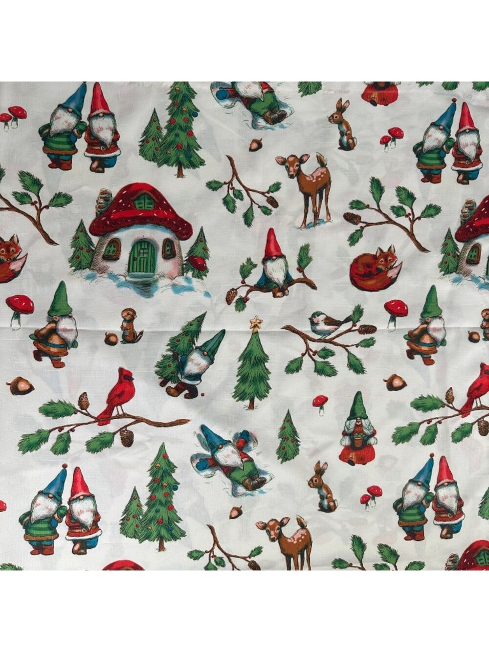 HOLIDAY TIME Christmas Gnome Fabric Shower Curtain Woodland Animals 72x72”
